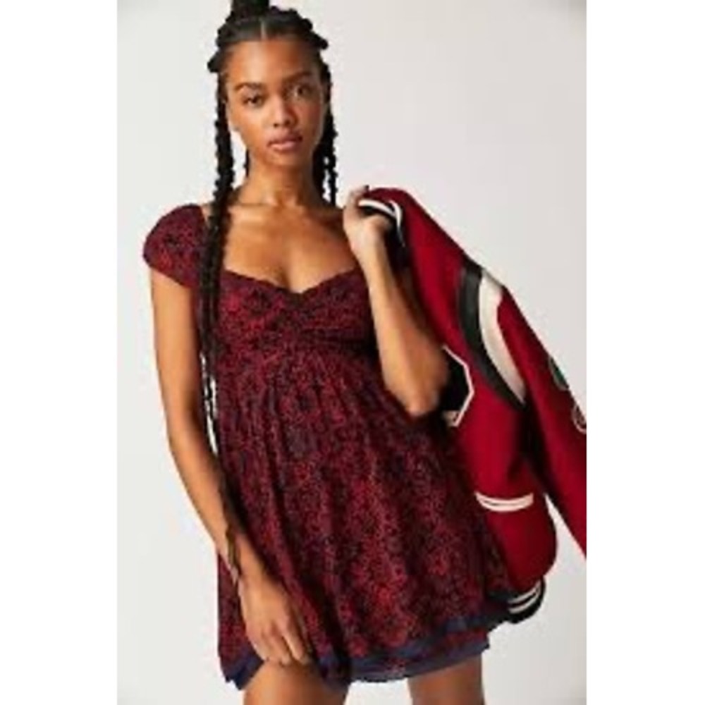 Free People Tabitha Mini Dress Red Navy Floral Lace Trim Smocked Back Size M